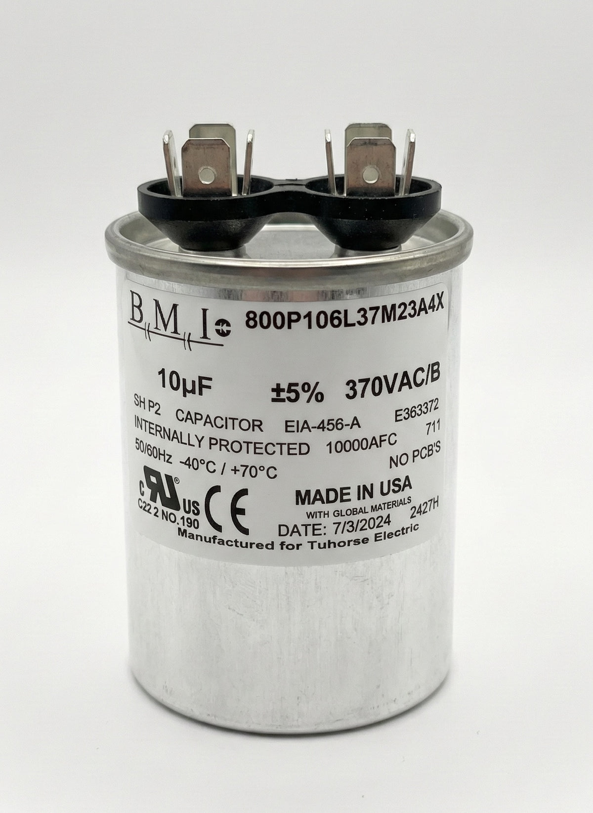 10CapBMI Front View (10MFD 370VAC Motor Run Capacitor, compatible replacement of p# U17-1438 in 1.5HP Franklin Electric Control Box)