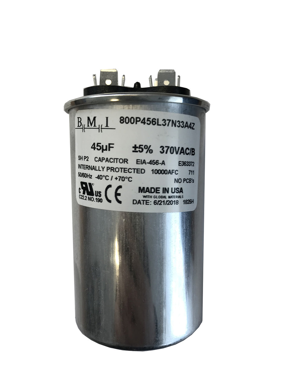 45 uF motor run capacitor compatible replacement for 3HP Pentek, Pentair, Berkeley, Sta-Rite, Franklin Electric capacitor start and capacitor run (CSCR) type control boxes.
(U17-1443)