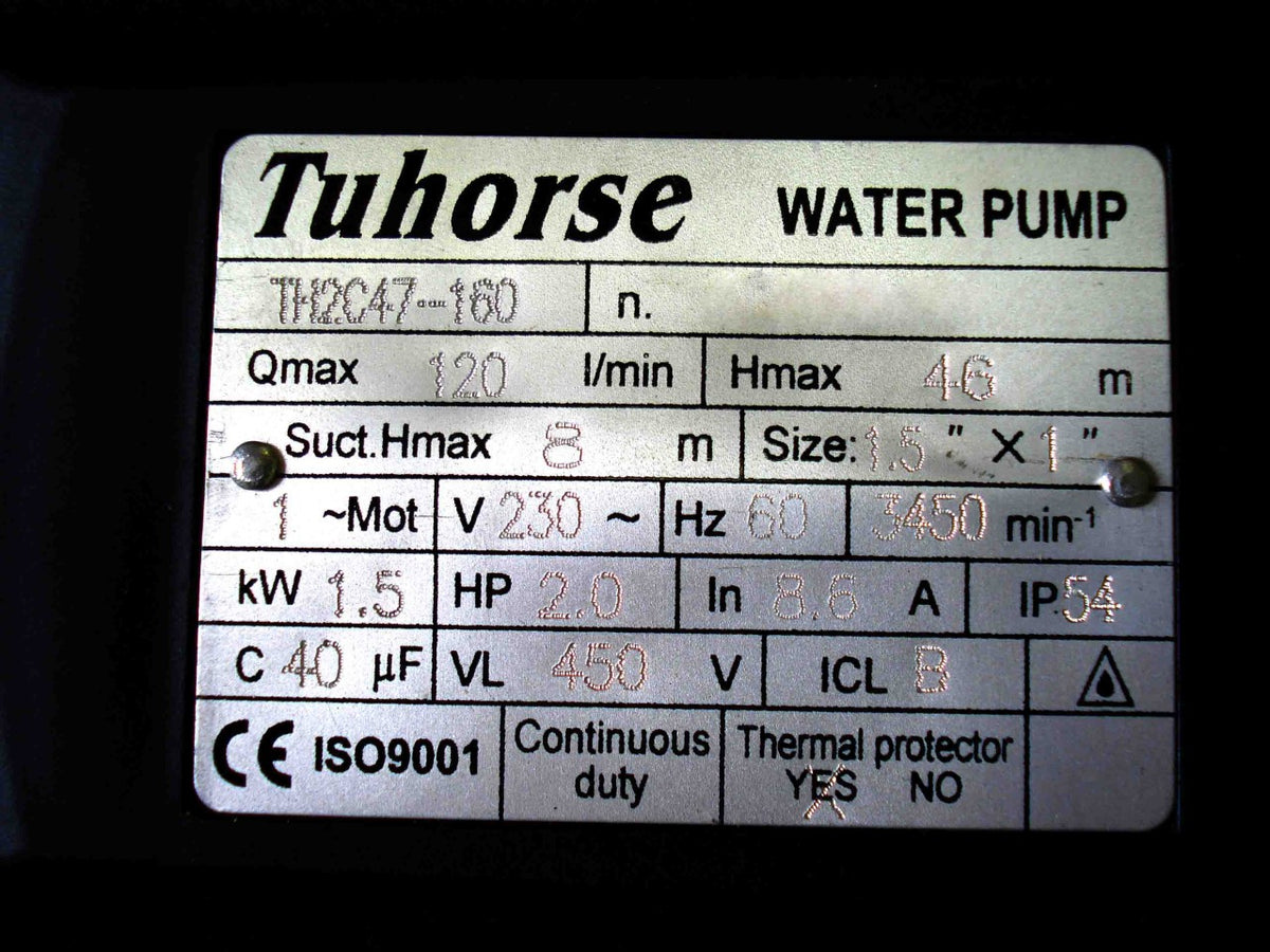 Tuhorse TH2C47-160 2HP Two-Stage Sprinkler/Garden Pump (65psi, 30 GPM max) Specifications