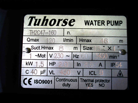Tuhorse TH2C47-160 2HP Two-Stage Sprinkler/Garden Pump (65psi, 30 GPM max) Specifications