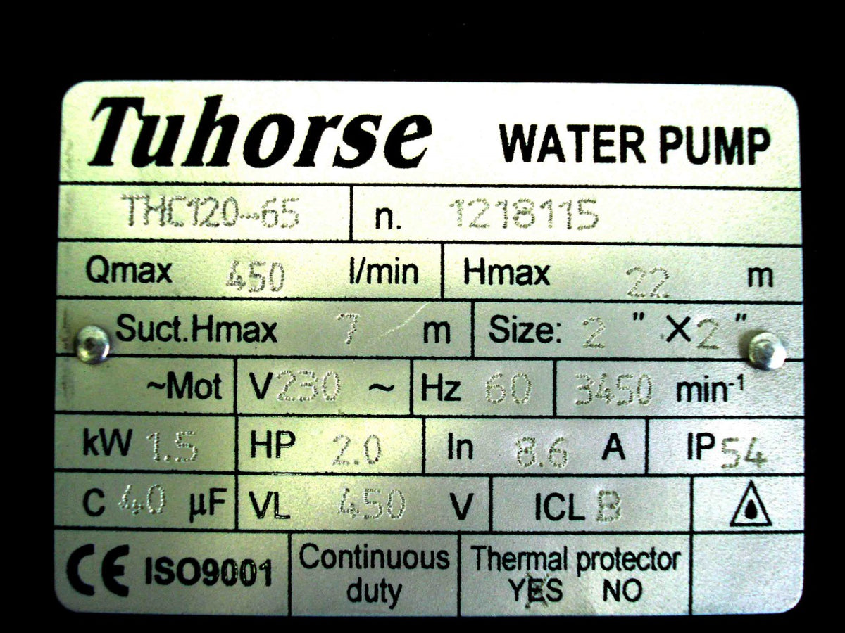THC120-65 3HP 130GPM Max Centrifugal Pump for Drip, Aeroponic, and Open Flow Irrigation Specifications