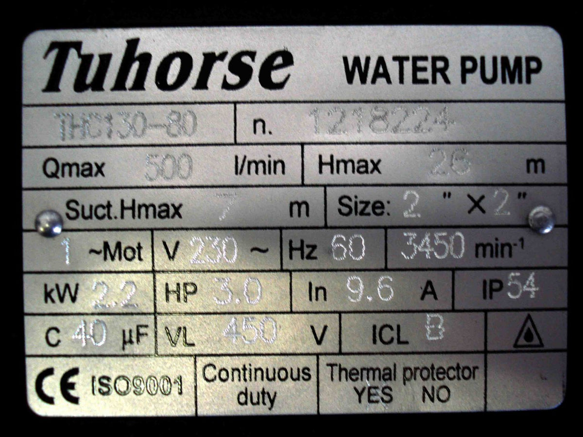 Tuhorse THC130-80 3HP 130GPM Max Centrifugal Pump for Drip, Aeroponic, and Open Flow Irrigation specifications