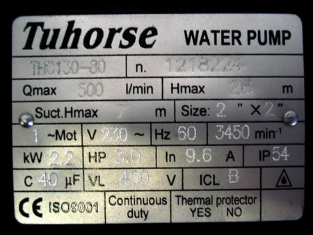 Tuhorse THC130-80 3HP 130GPM Max Centrifugal Pump for Drip, Aeroponic, and Open Flow Irrigation specifications