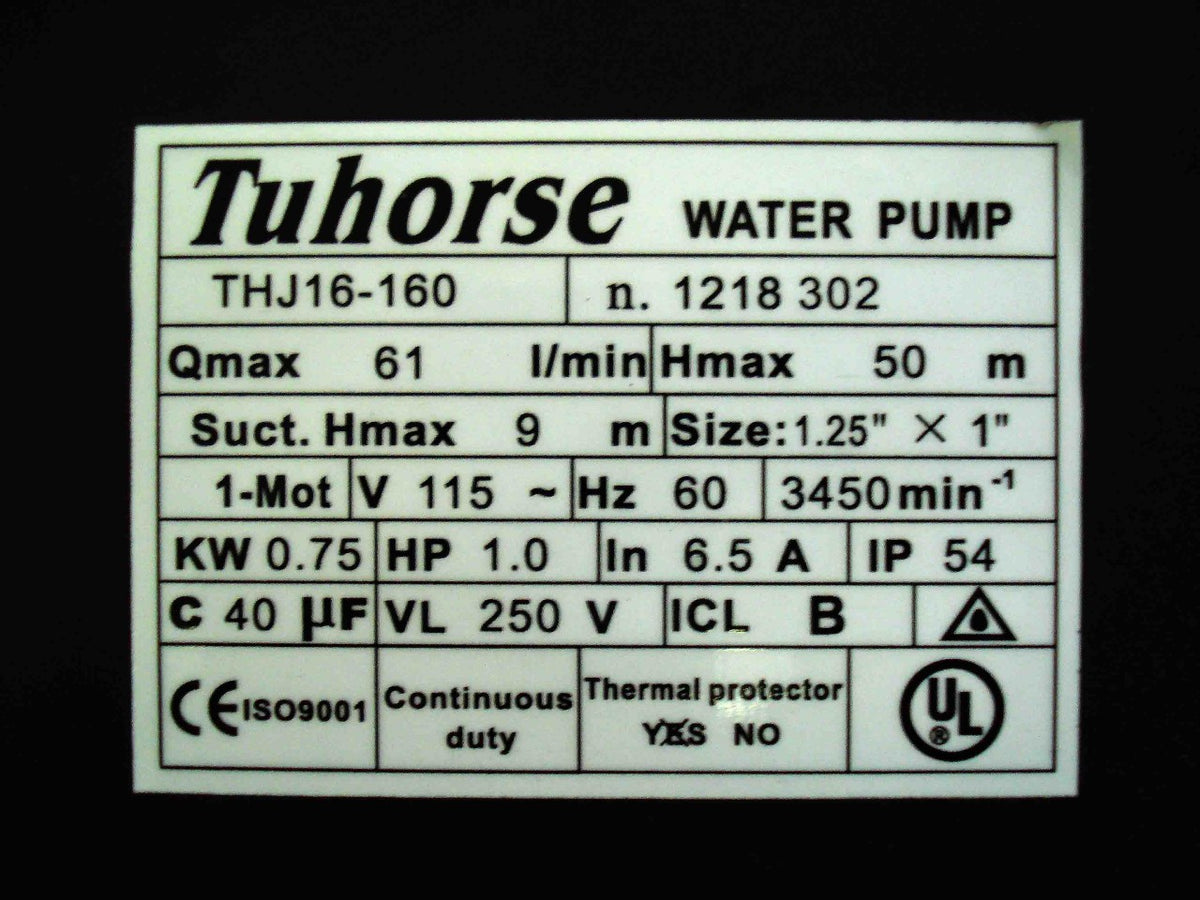 Tuhorse THJ16-160 1HP Shallow Well Pump with 6.3 US Gal Pressure Tank and Automatic Pressure Control Specifications