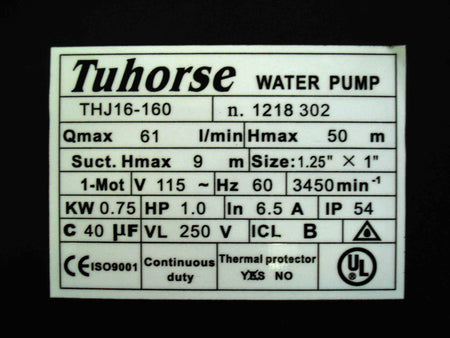 Tuhorse THJ16-160 1HP Shallow Well Pump with 6.3 US Gal Pressure Tank and Automatic Pressure Control Specifications