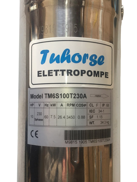 Tuhorse  6" 10HP Full Stainless Steel 3-Phase 230V Motor Only (TM6S100T230A) Label