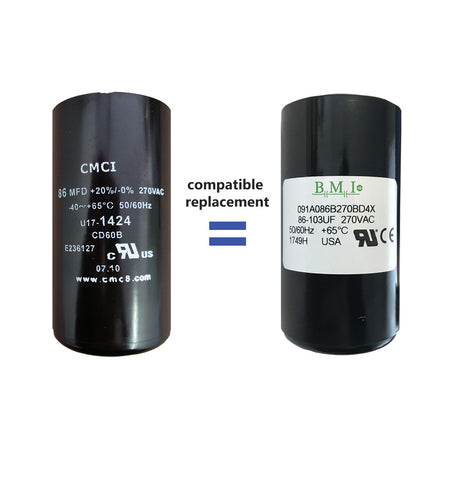 86 uF capacitor, compatible replacement for 1HP Pentair, Berkeley, Sta-Rite capacitor start and capacitor run (CSCR) type control boxes.
(U17-1424)
